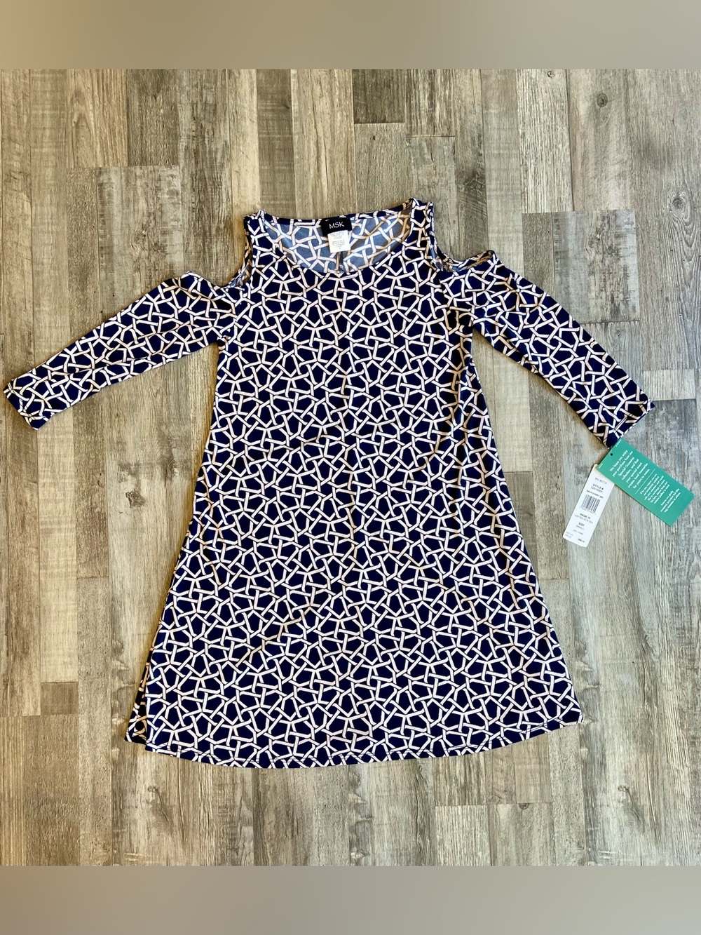NWT Women's MSK Dress Small Cold Shoulder Navy Blue Ivory Geo Pattern 3/4 Sleeve